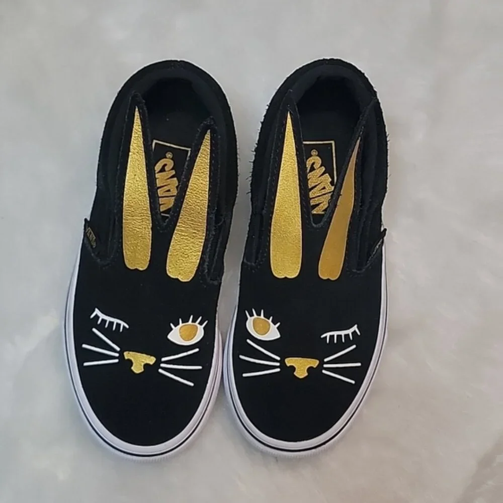 VANS Girl's Black Suede Gold Bunny Easter Novelty Classic Skate Low Sneaker 10.5